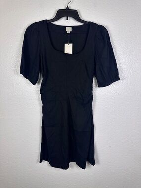 A New Day Women's Black A-Line Dress Puff Sleeve Square Neck Linen Rayon Size 6